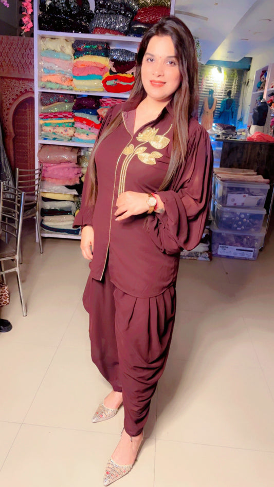 Georgette Embroidered Short Kurti and Dhoti Salwar Set