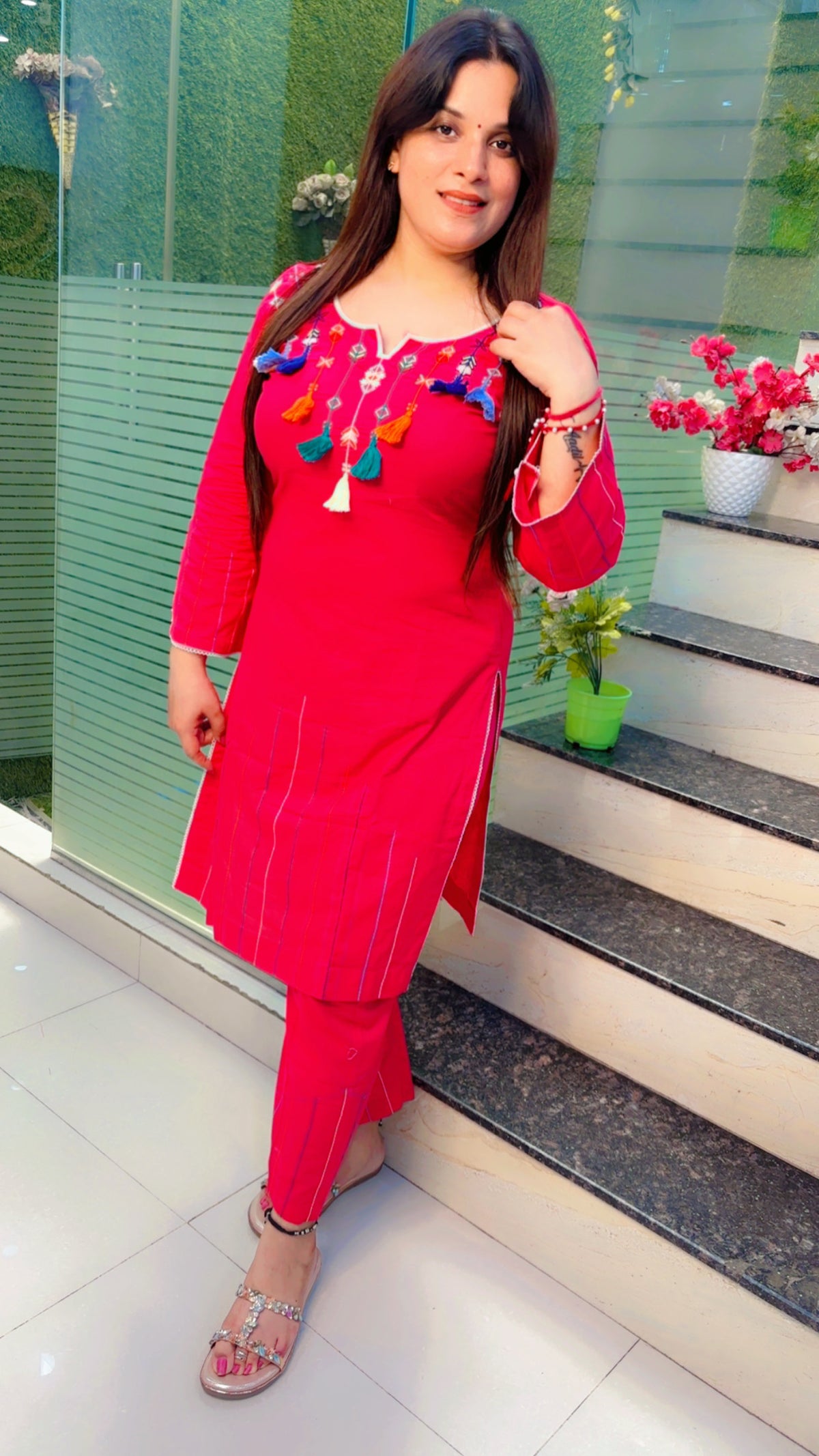 Pink Thread Worked Kurti With Tassels And Matching Pant (KS074)