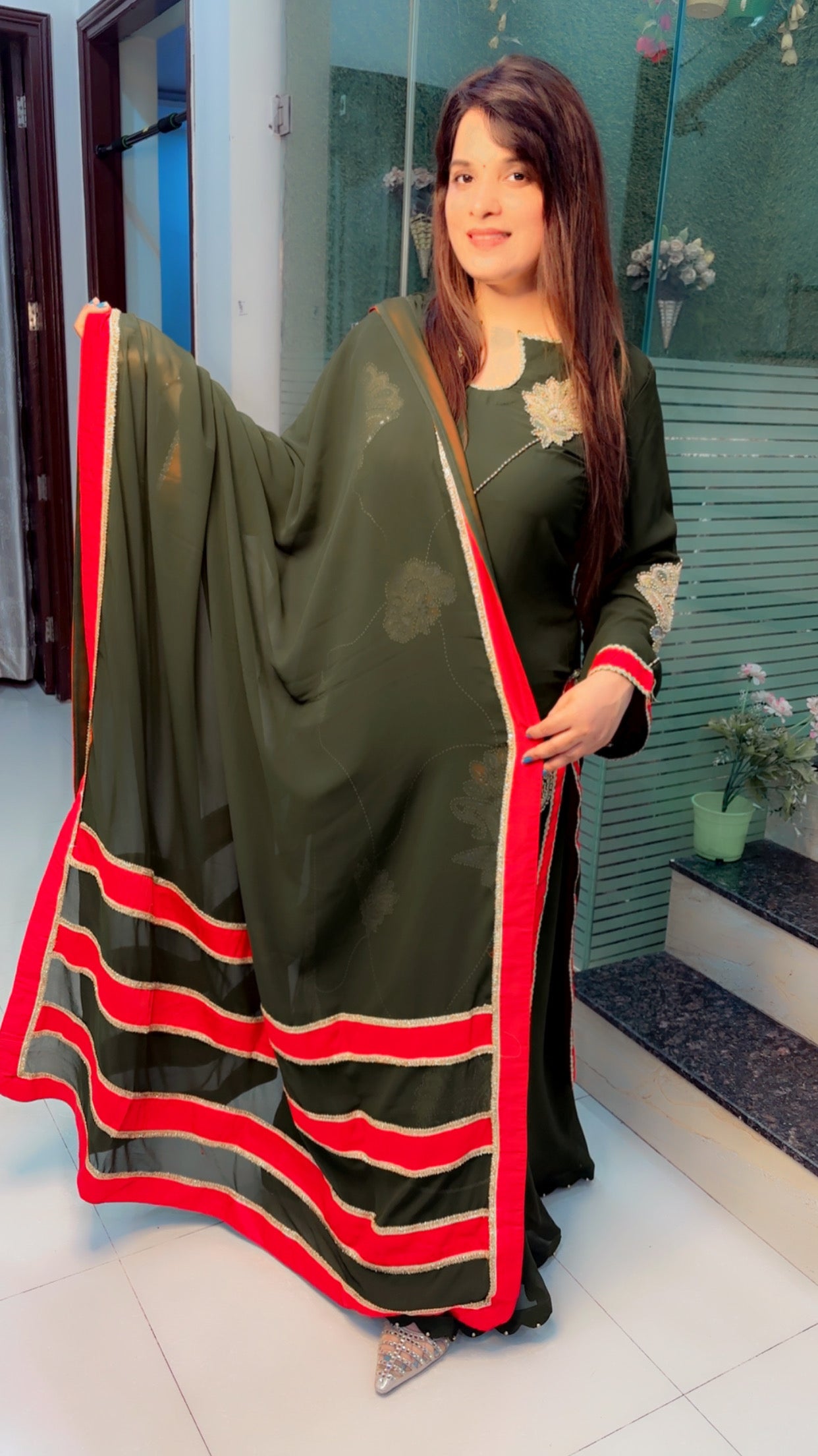 Georgette Cut Work Palazzo Suit With Red Stripes Dupatta (PS)