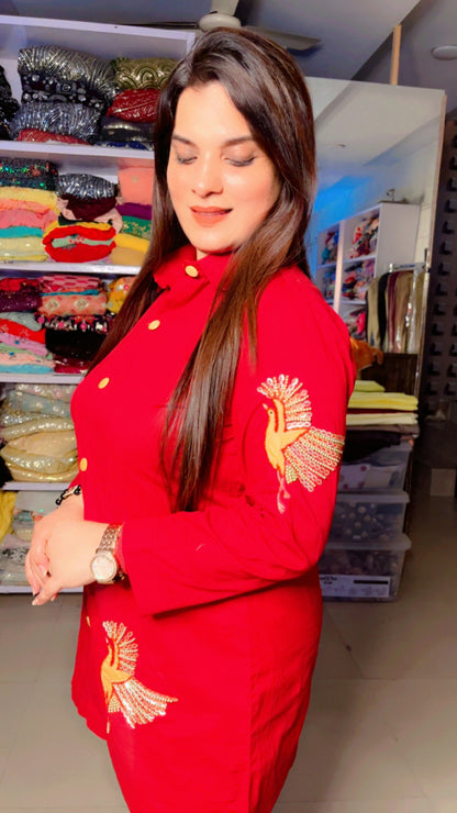 Red Yellow Cotton Embroidered Summer Co-Ord Set For Women (CS)