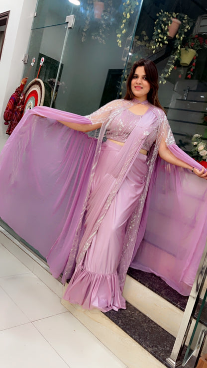 Lavender Saree With Cape For Weddings (SR021)