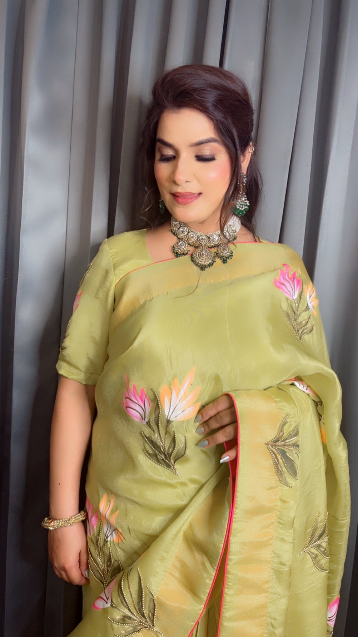 Parrot Hand Painted Saree - Shimmer Silk Saree (SR002)
