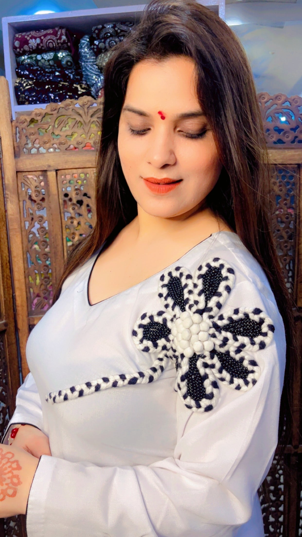 White Spun Fabric Woollen Embroidered Short Kurti And Side Fall Dhoti Set (DS001)