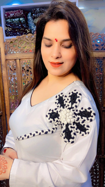 White Spun Fabric Woollen Embroidered Short Kurti And Side Fall Dhoti Set (DS001)