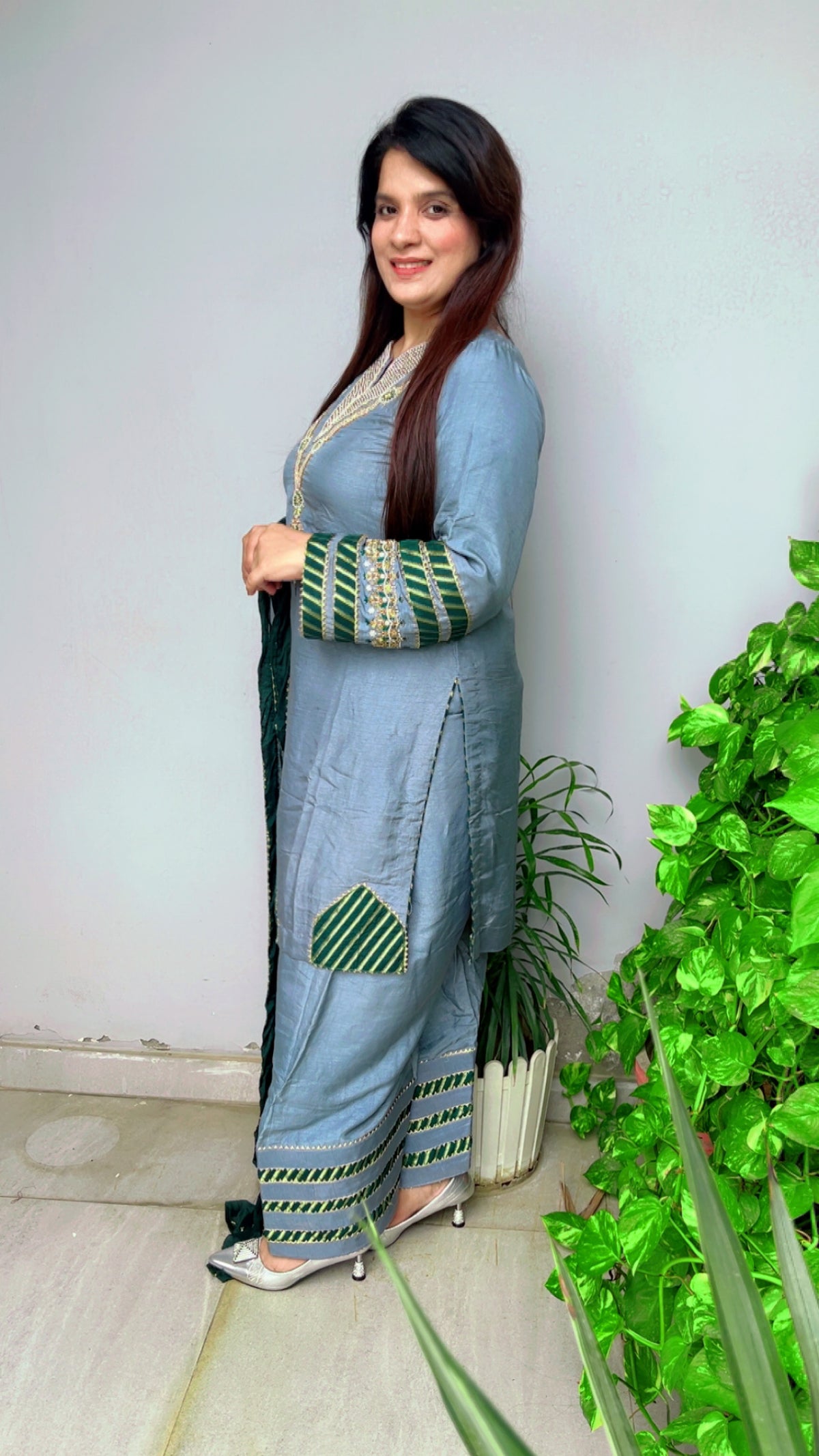 Grey Designer Farshi Salwar Suit And Dupatta