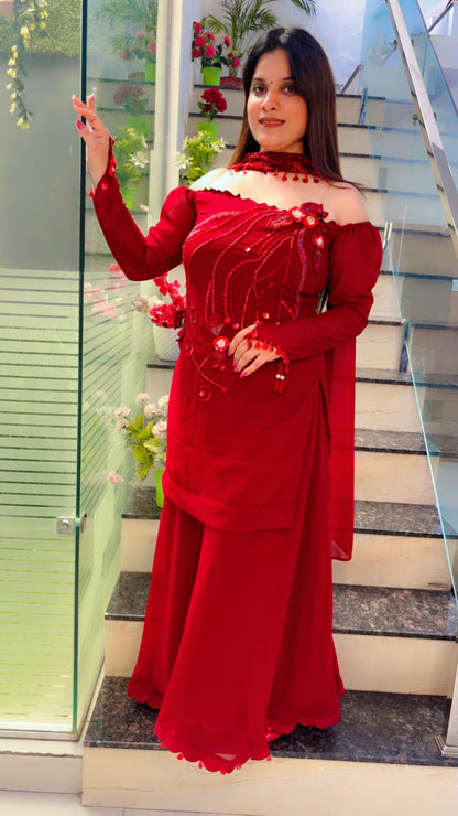 Maroon Embroidered Bridal Trousseau Palazzo Suit