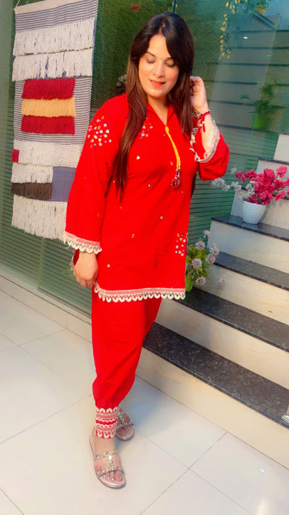 Red Cotton Afghani Salwar with Short Kurti Set