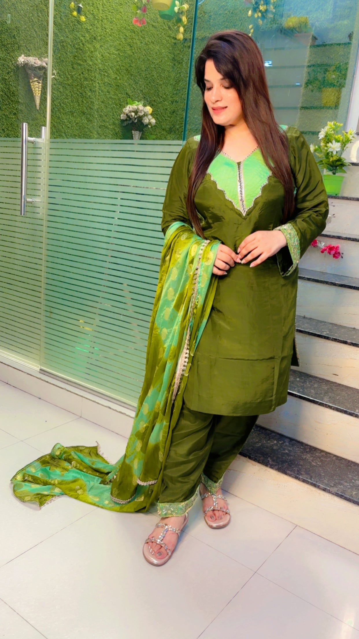 Green Silk Embroidered Salwar Suit With Dupatta (SS)