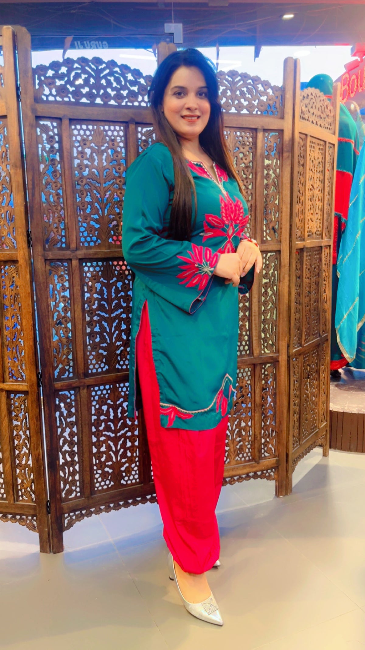 Green Machine Worked Farshi Salwar Suit And Dupatta
