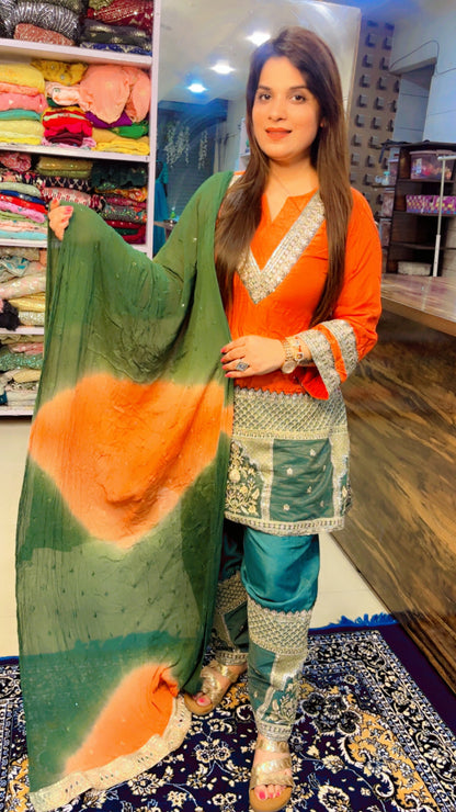 Orange And Green Designer Partywear Suit (SS001)