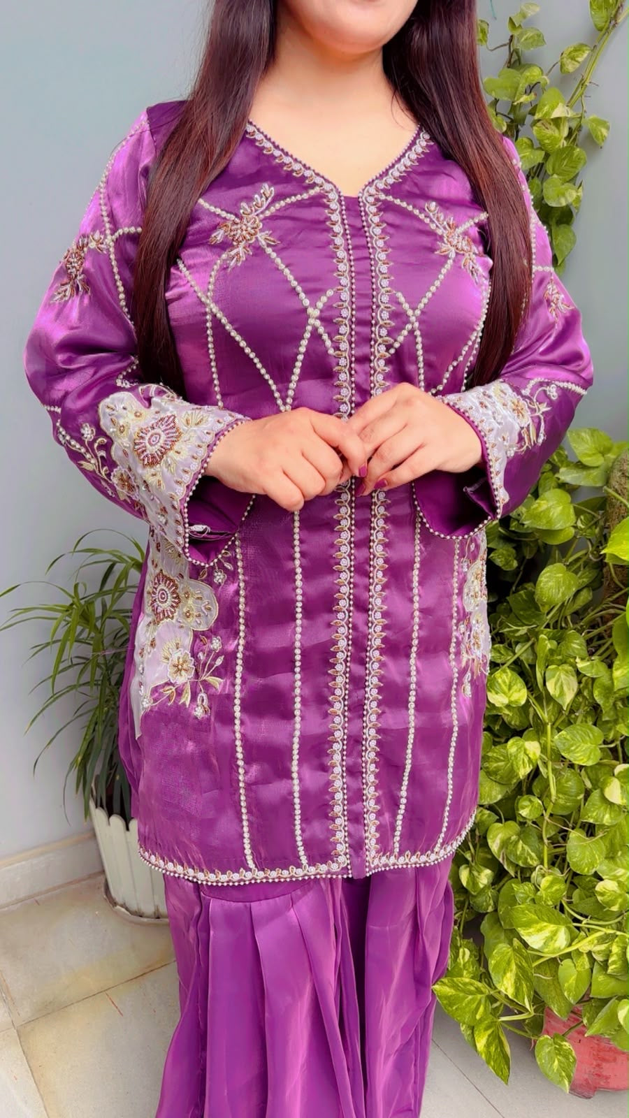 Purple Embroidered Top And Sharara Co-Ord Set