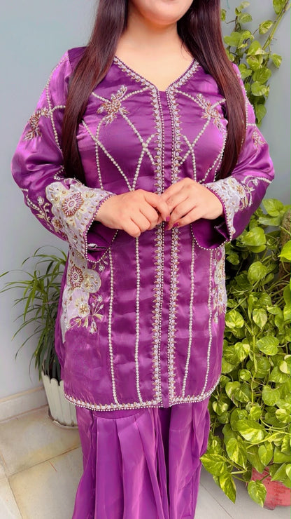 Purple Embroidered Top And Sharara Co-Ord Set