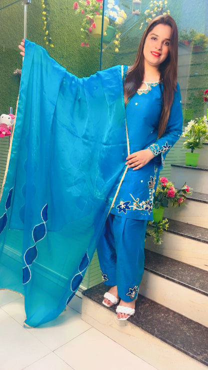 Blue Embroidered Farshi Salwar Suit And Dupatta Set (KSD046)