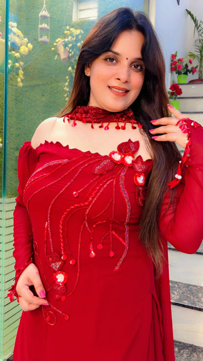 Maroon Embroidered Bridal Trousseau Palazzo Suit