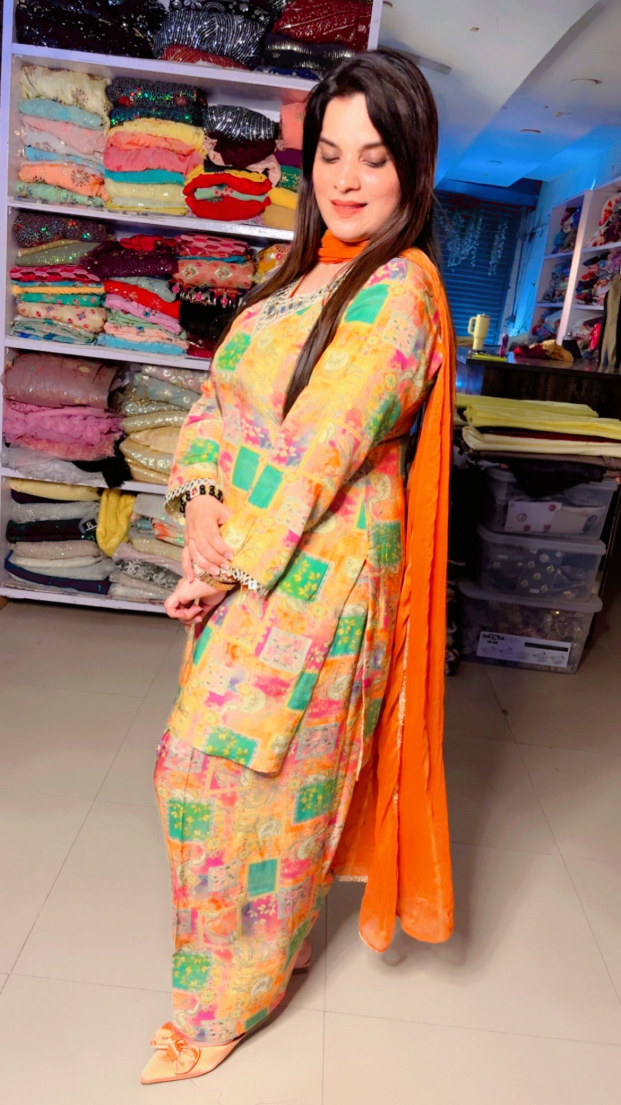Yellow Muslin Designer Mirror Lace Work Farshi Salwar Suit With Chiffon Dupatta (FS)