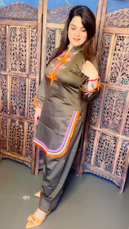 Henna Cotton Fabric Designer Embroidered Co-Ord Set For Women (CS)