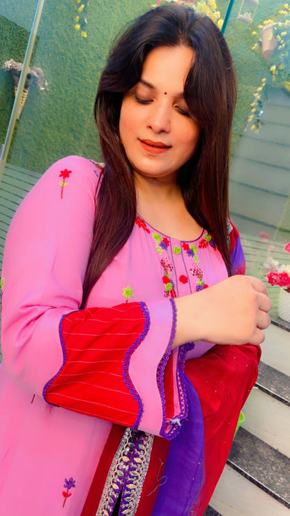 Pink Thread Worked Suit With Salwar And Tie-Dye Dupatta Set (KSD027)