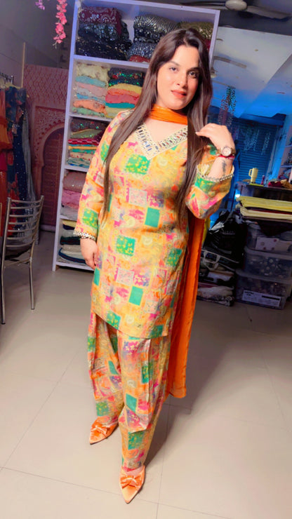Yellow Muslin Designer Mirror Lace Work Farshi Salwar Suit With Chiffon Dupatta (FS)