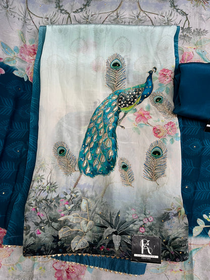 Peacock Print Unstitched Suit Material with Dupatta