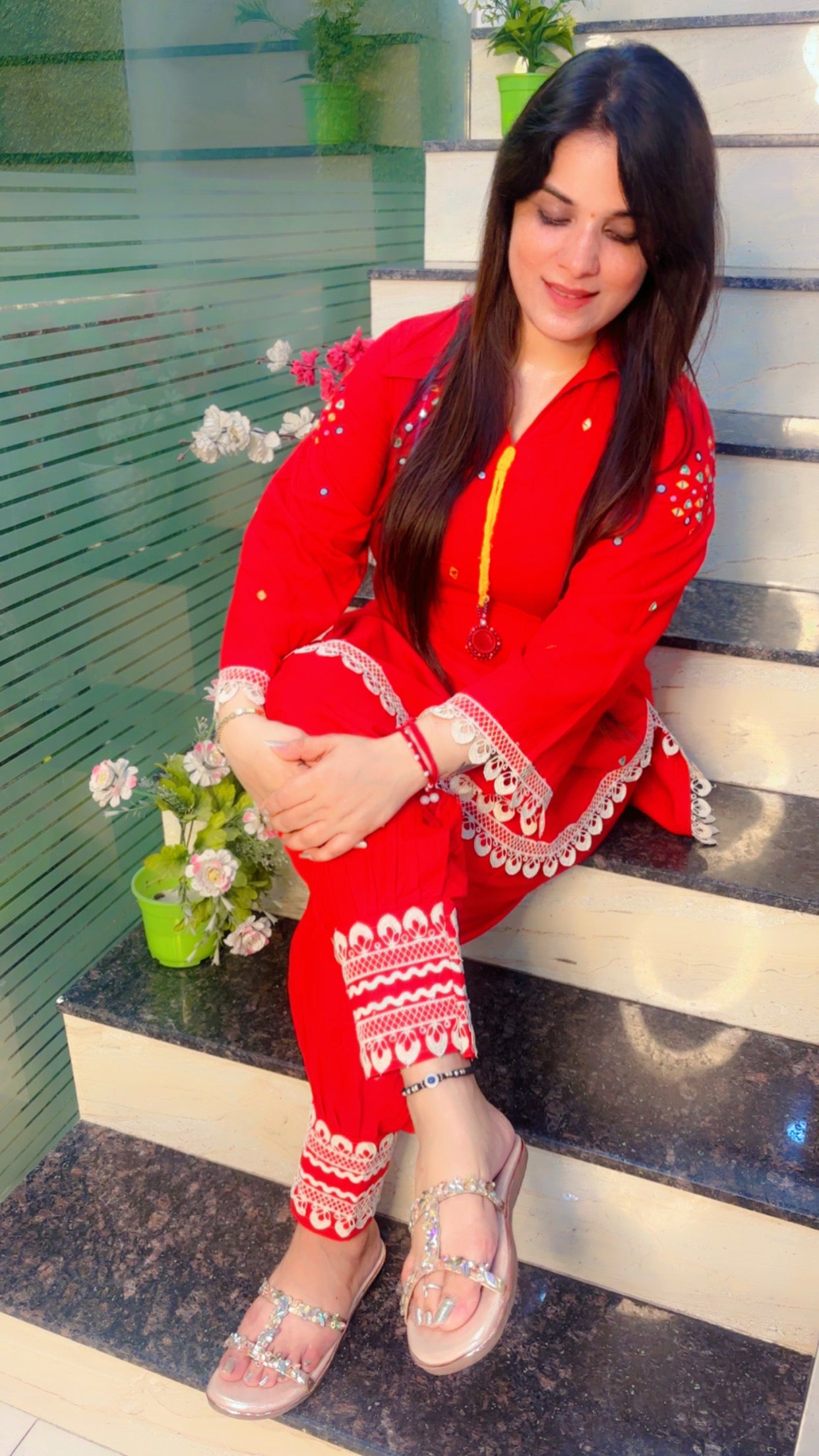 Red Cotton Afghani Salwar with Short Kurti Set