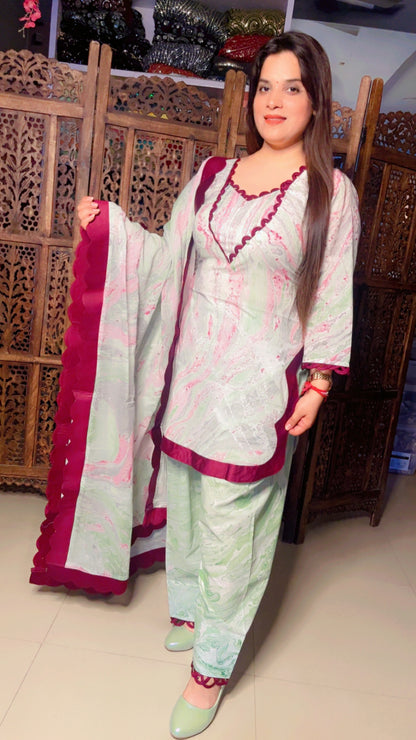 Light Green Cotton Printed Boutique Style Suit And Farshi Salwar With Cut Work Dupatta (FS014)
