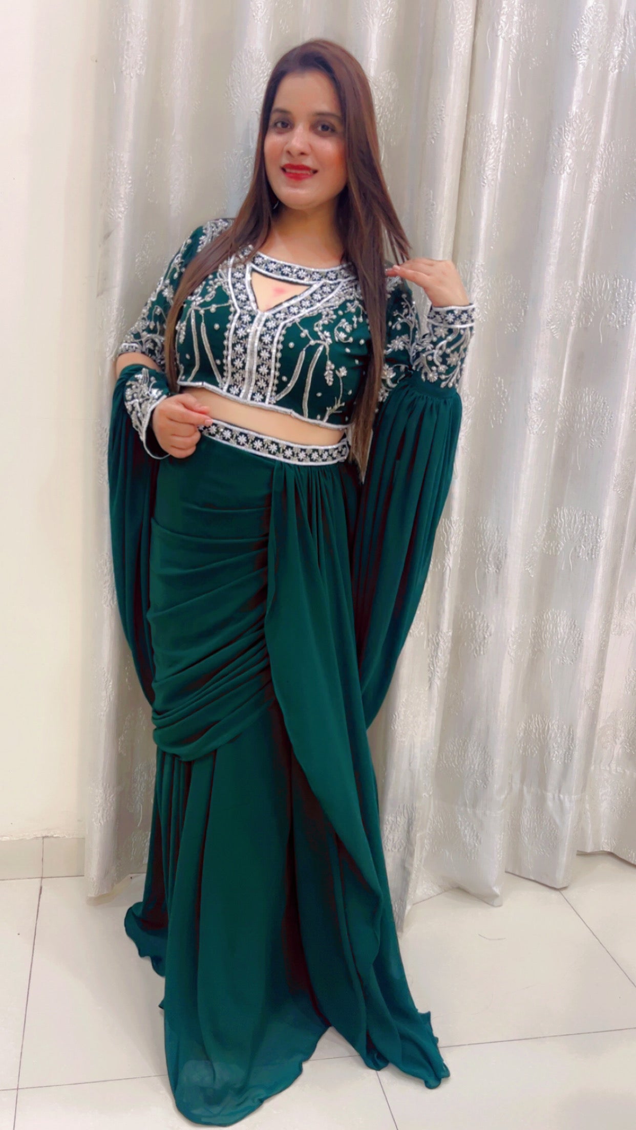 Bottle Green Wedding Wear Drape Dress (DD001)