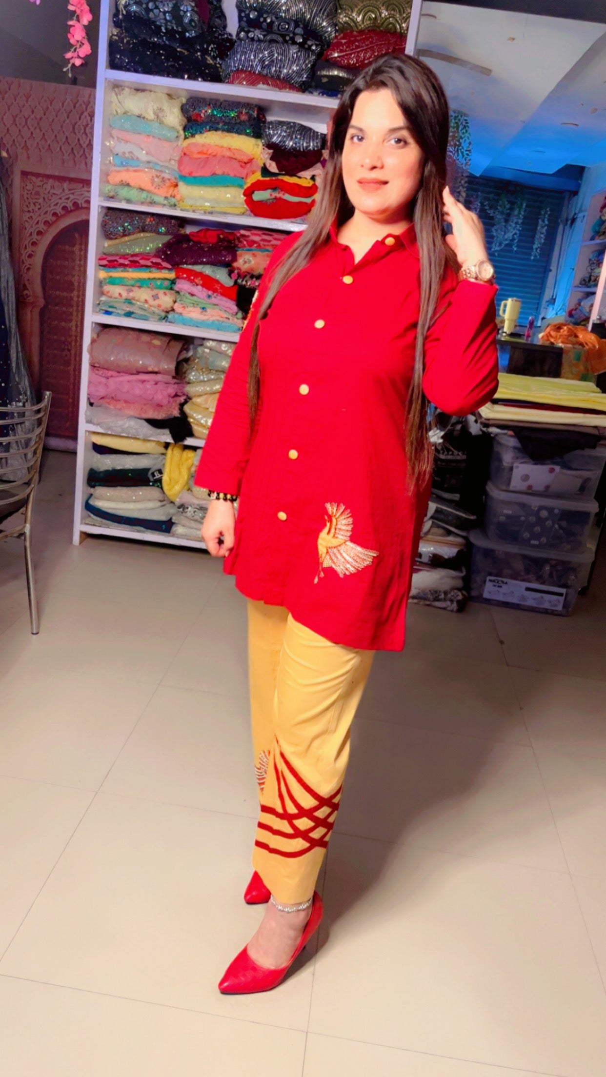 Red Yellow Cotton Embroidered Summer Co-Ord Set For Women (CS)