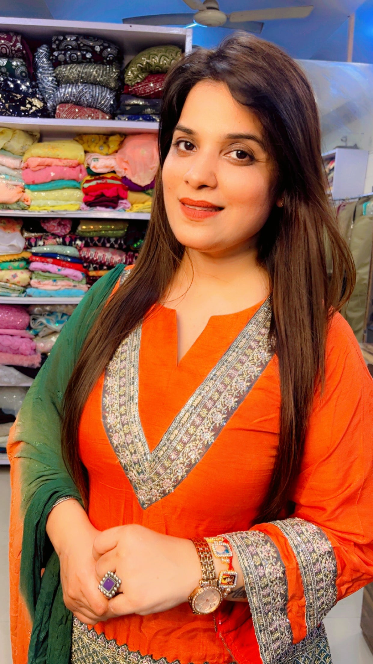 Orange And Green Designer Partywear Suit (SS001)