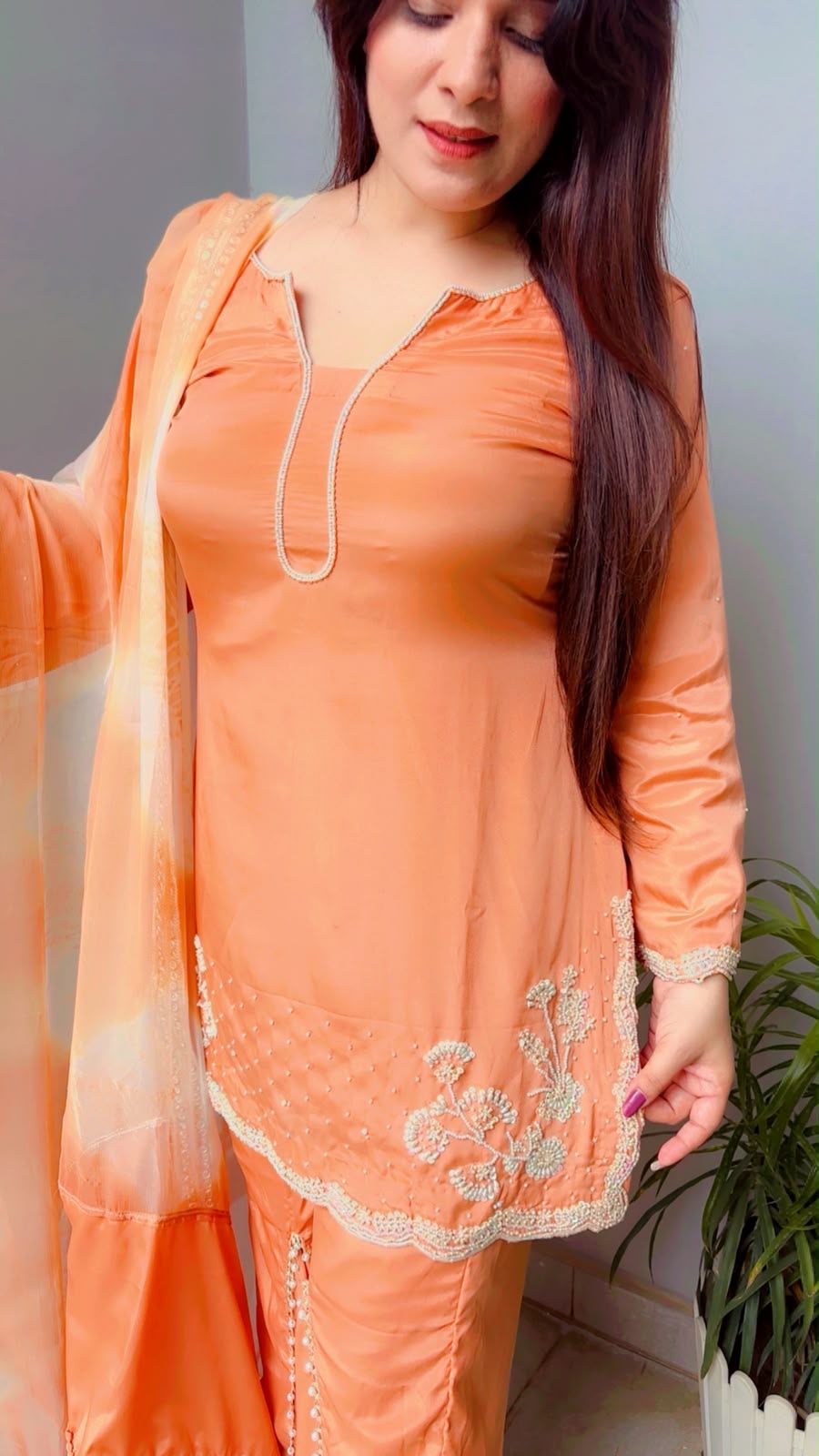 Peach Kashmiri Palazzo Kurti And Dupatta