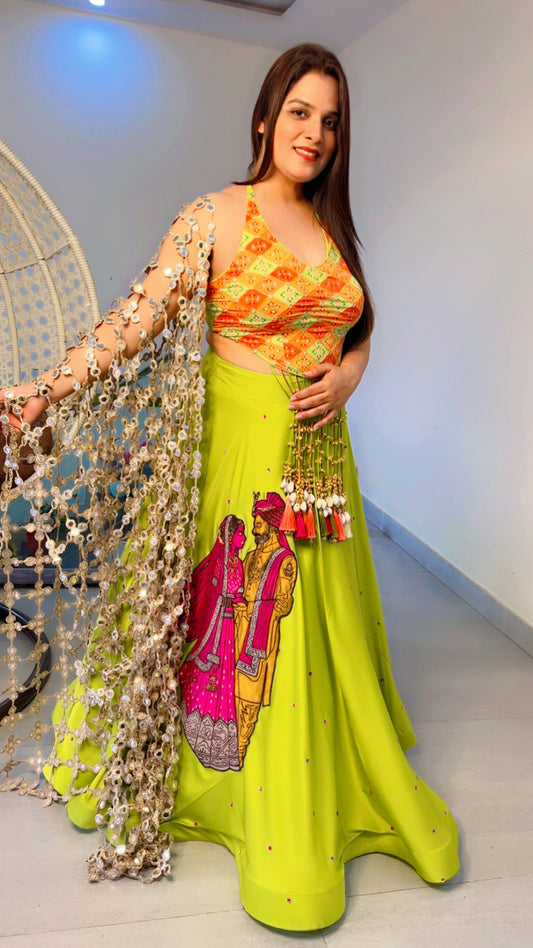 Green Bride And Groom Patch Lehenga Choli And Jaal Dupatta (LC020)