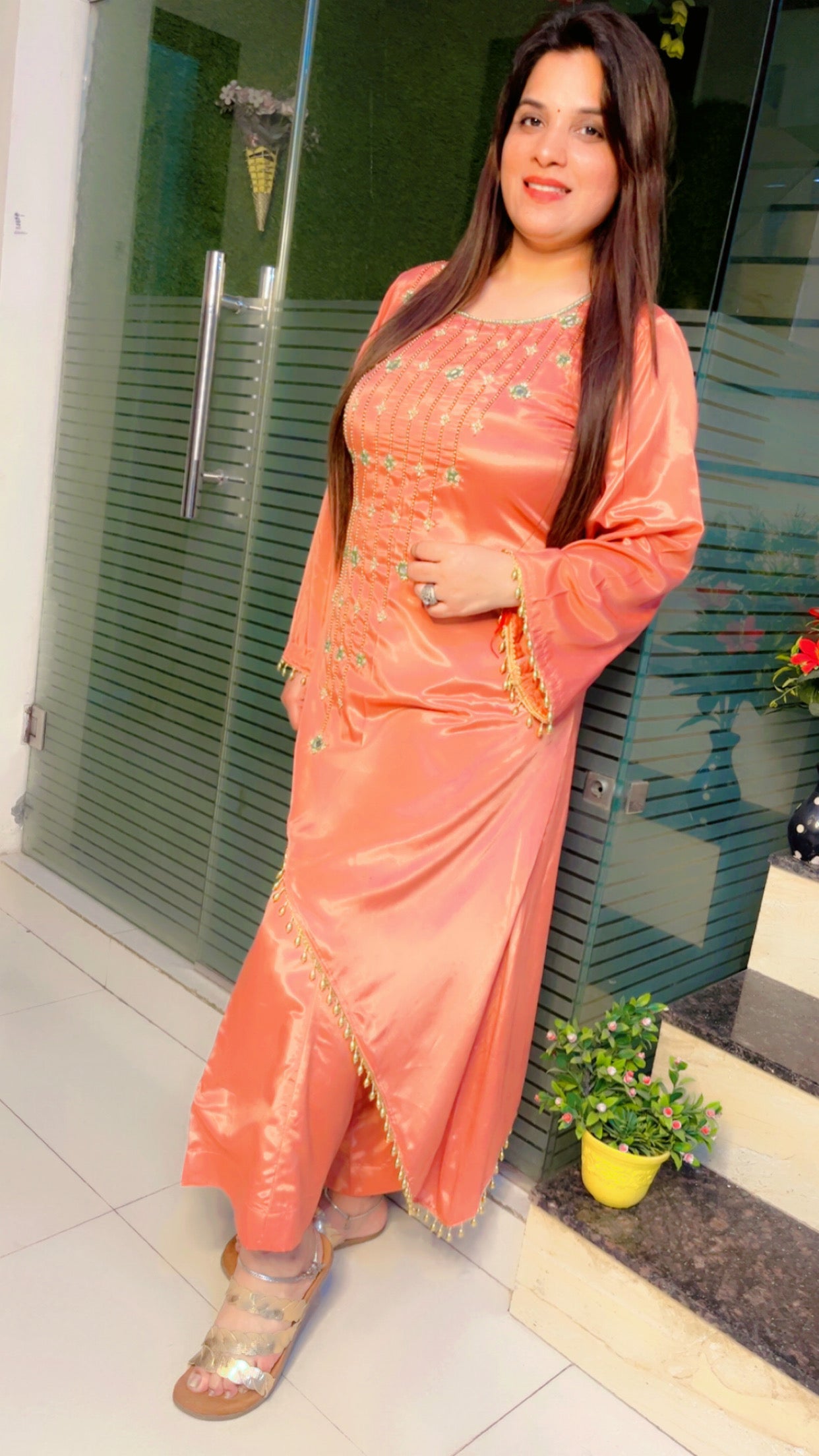 Peach Pink Hand Embroidered Kurti Set (KS006)
