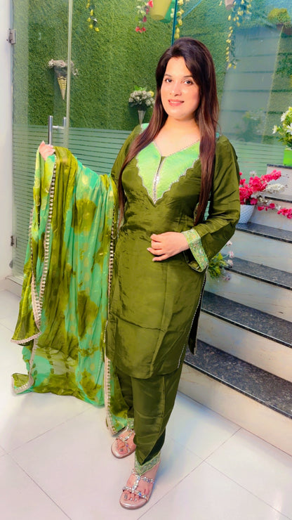 Green Silk Embroidered Salwar Suit With Dupatta (SS)