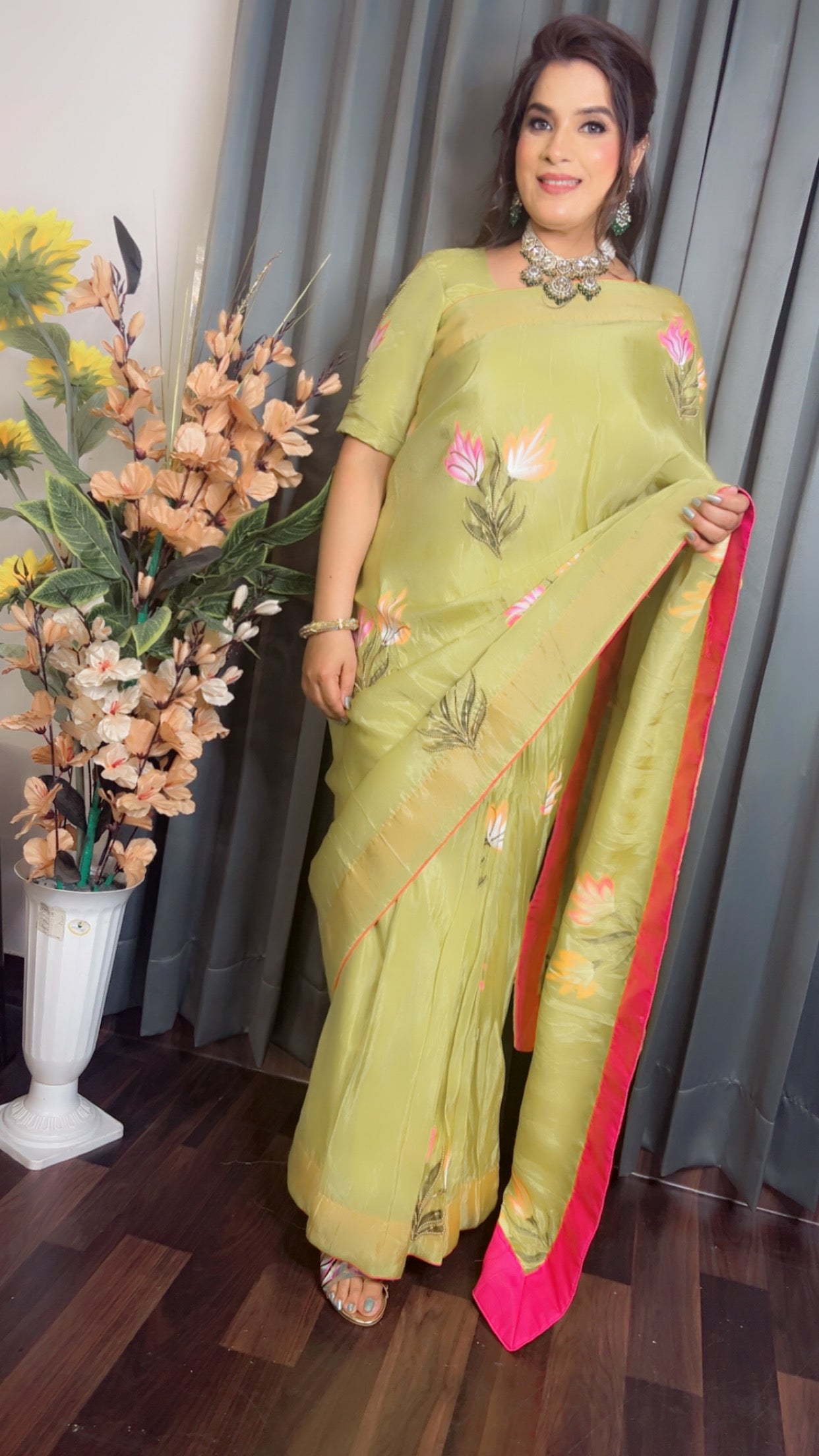 Parrot Hand Painted Saree - Shimmer Silk Saree (SR002)