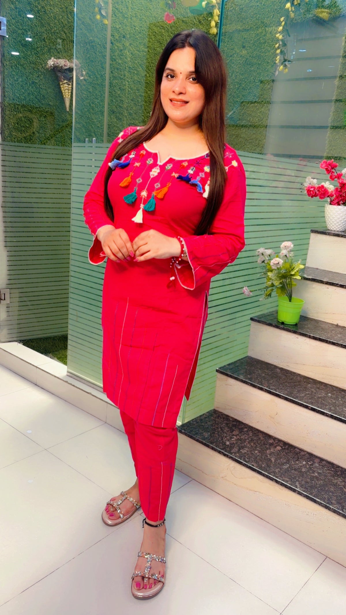 Pink Thread Worked Kurti With Tassels And Matching Pant (KS074)