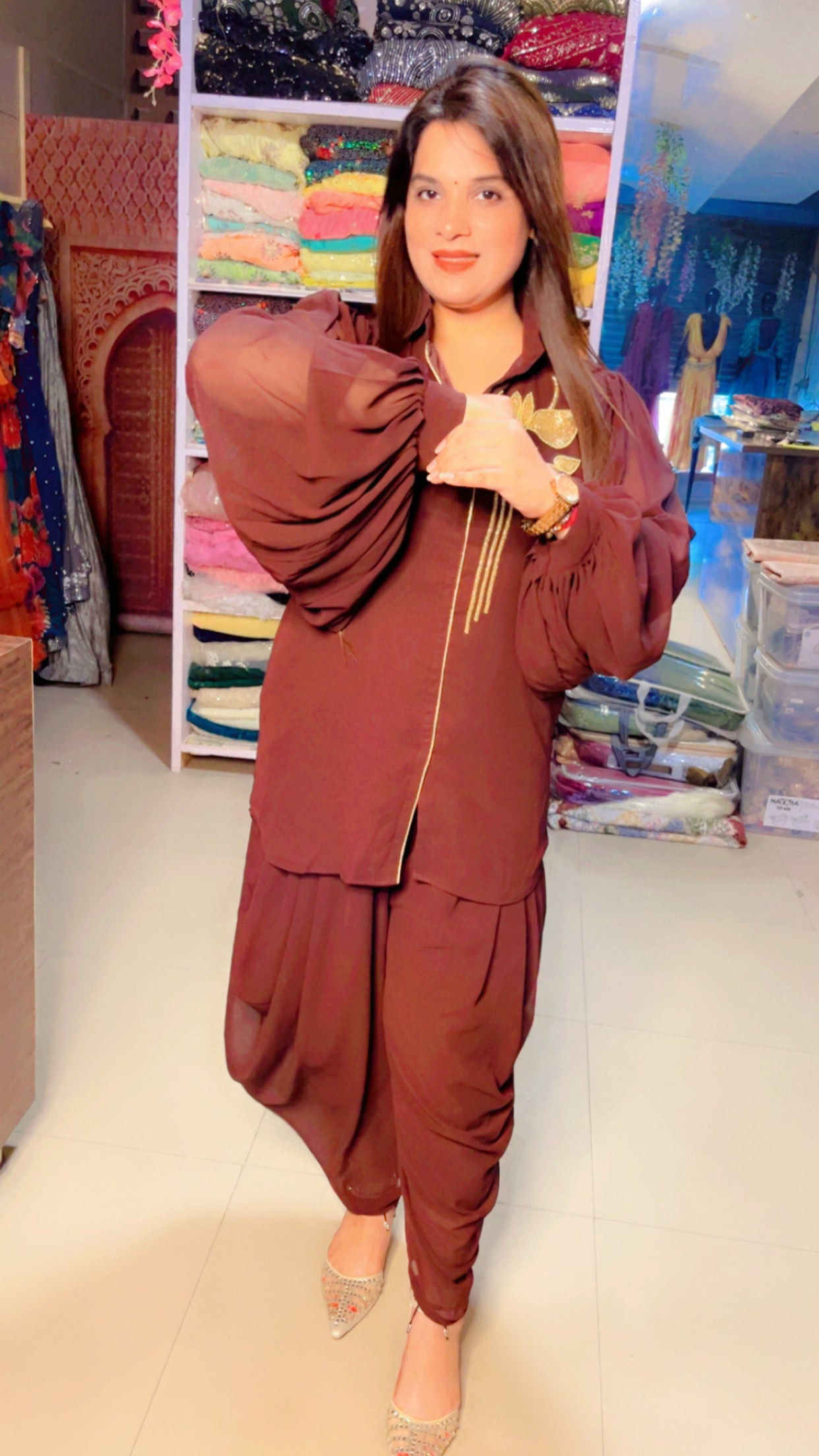 Brown Georgette Designer Hand Embroidered Short Kurta And Dhoti Salwar Set (DS)