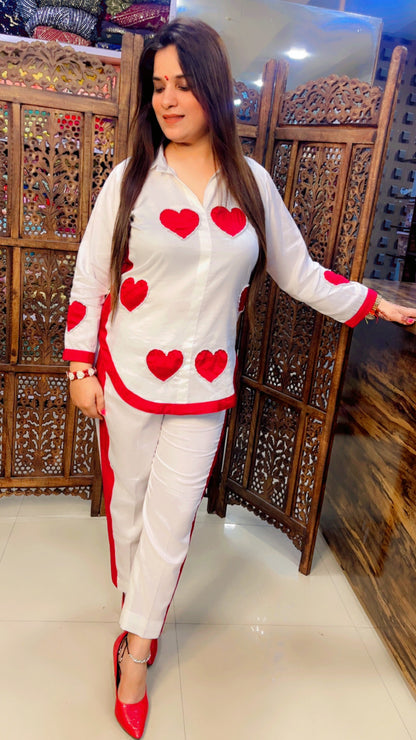 White Cotton Trendy Co-Ord Set With Red Hearts Pattern For Casual Wear (CS001)