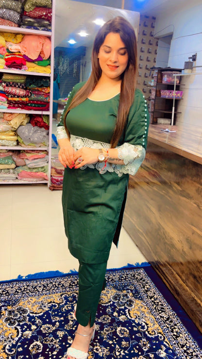 Green Cotton Kurti and Pant Set for Summer