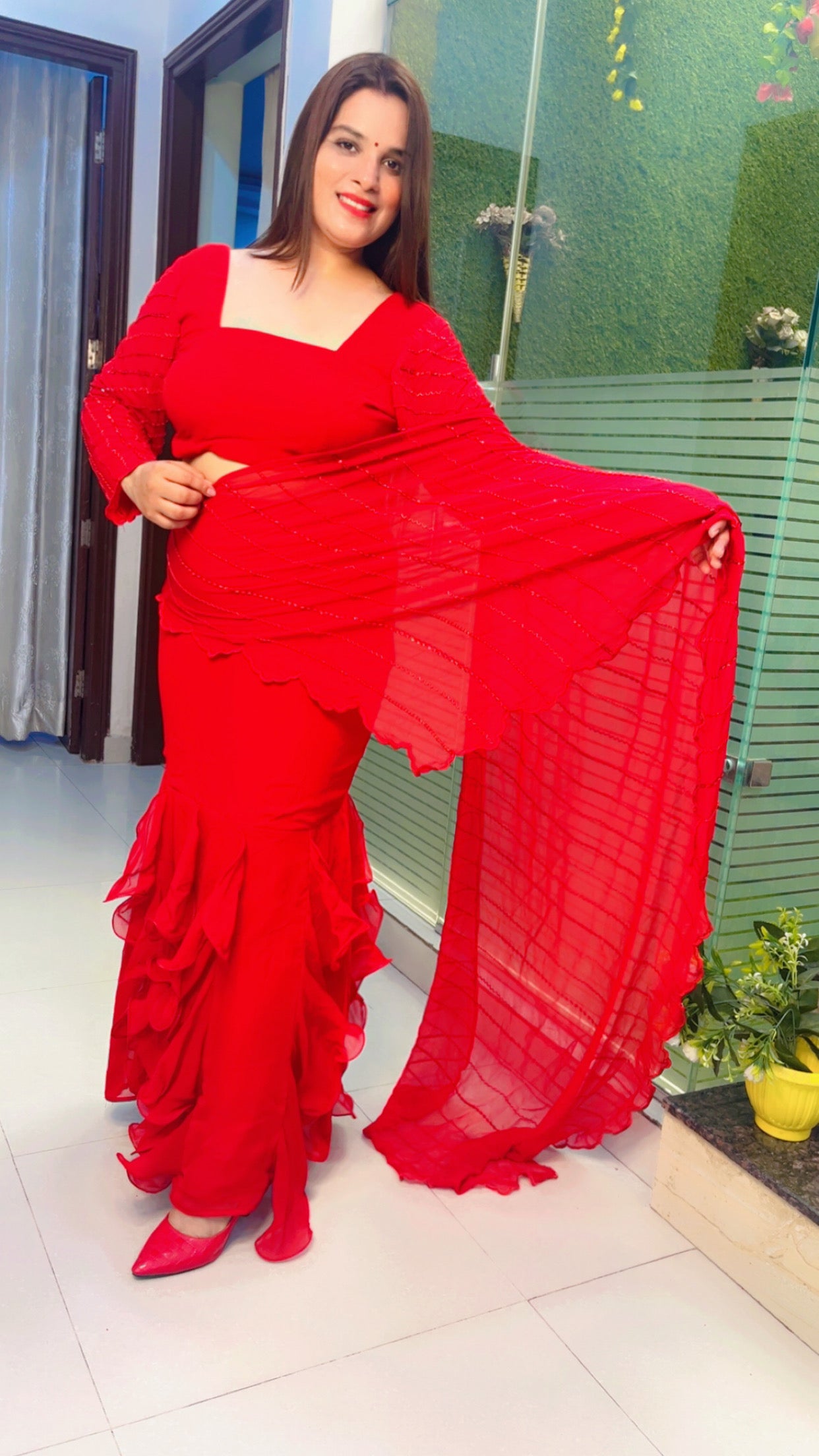 Red Embroidered Drape Saree (SR016)