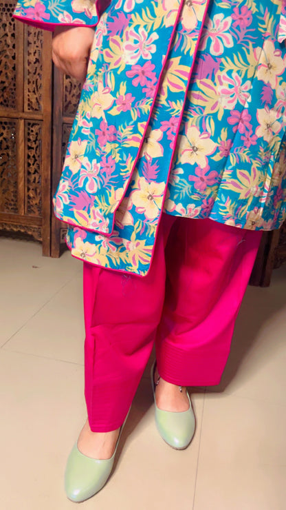 Sky Blue Hot Pink Muslin Floral Designer Kurti And Farshi Salwar For Casual Wear (FS)