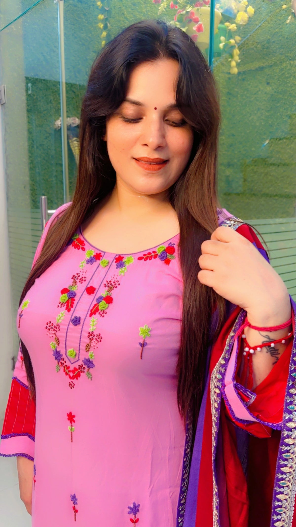 Pink Thread Worked Suit With Salwar And Tie-Dye Dupatta Set (KSD027)