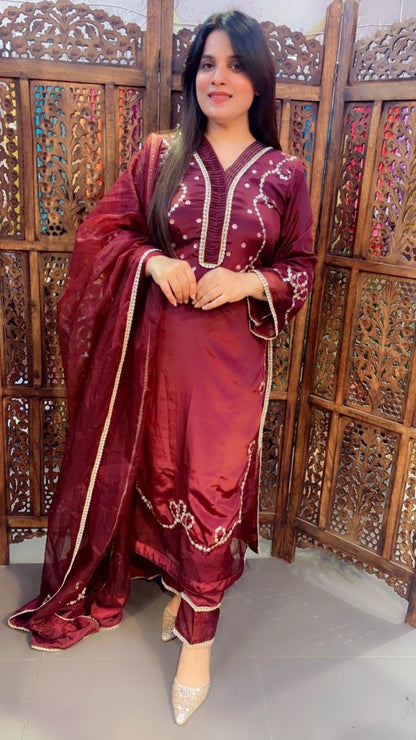 Hand Work Crepe Pakistani Suit In Dark Brown