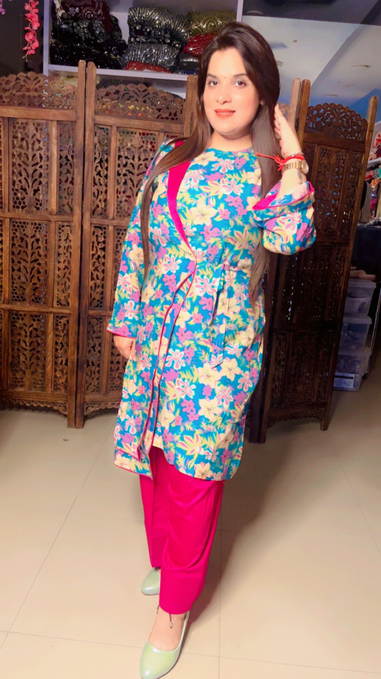 Sky Blue Hot Pink Muslin Floral Designer Kurti And Farshi Salwar For Casual Wear (FS)
