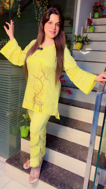Light Yellow Cotton Embroidered Co-Ord Set (CS)
