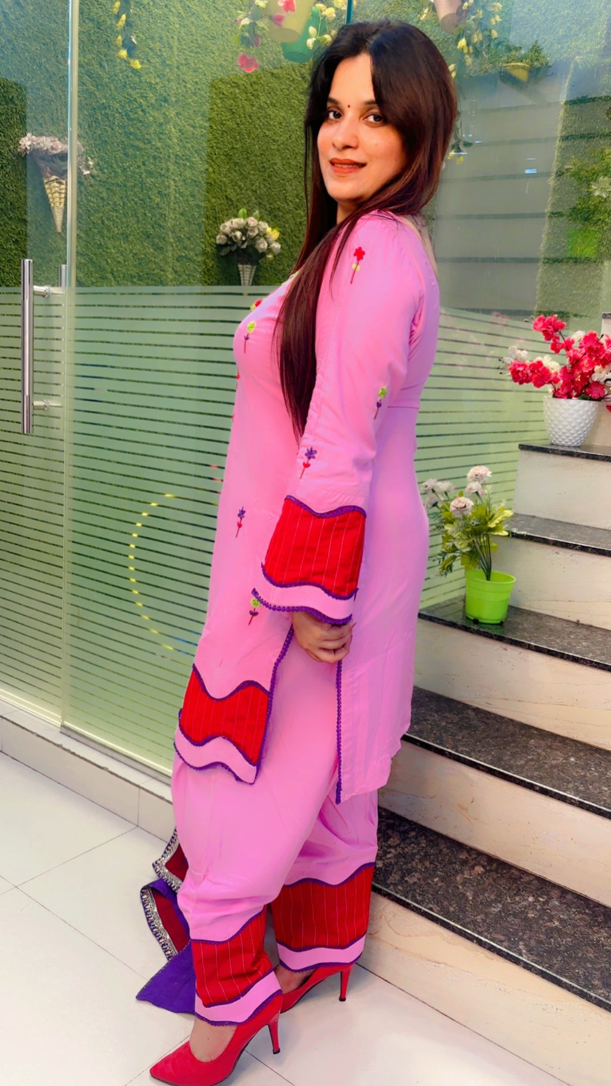 Pink Thread Worked Suit With Salwar And Tie-Dye Dupatta Set (KSD027)