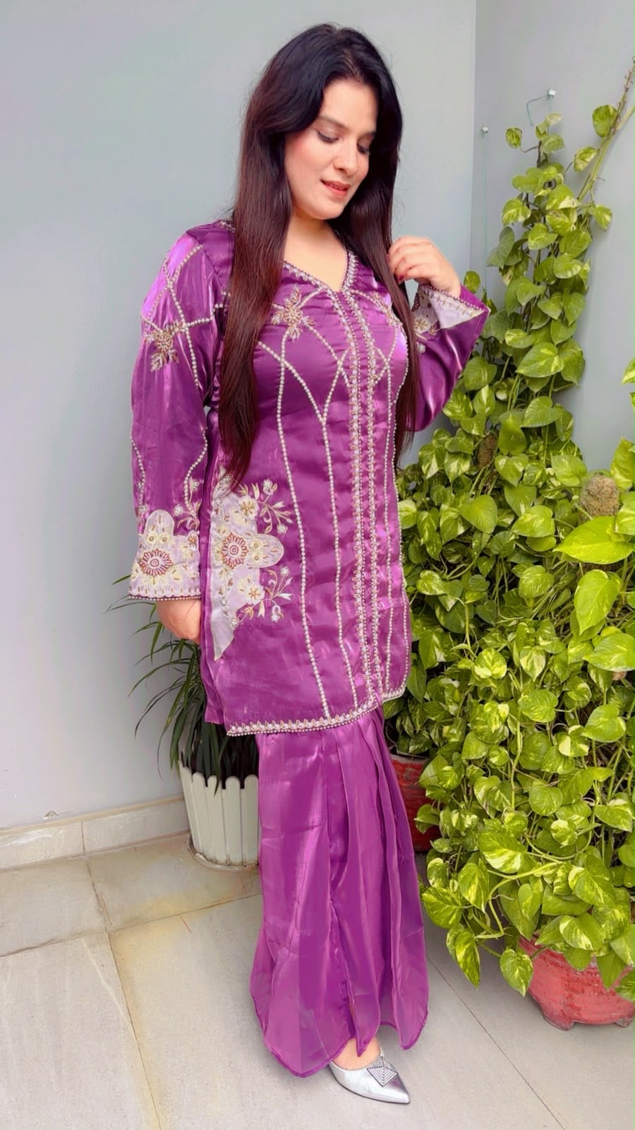Purple Embroidered Top And Sharara Co-Ord Set