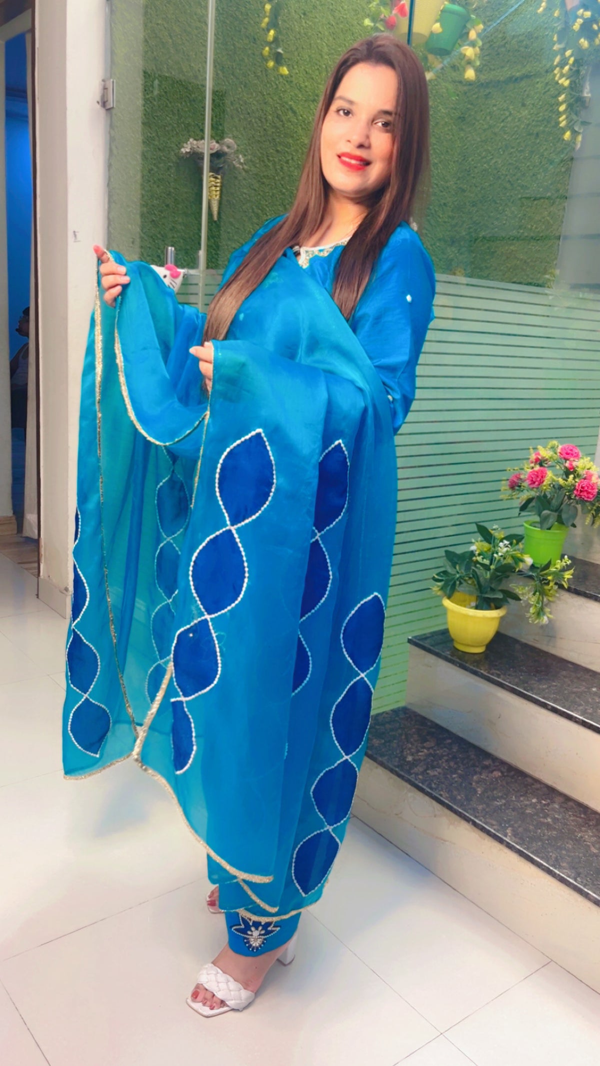 Blue Embroidered Farshi Salwar Suit And Dupatta Set (KSD046)