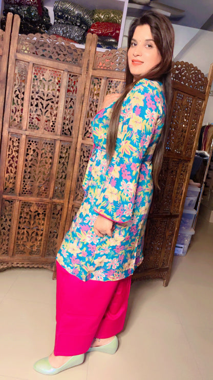 Sky Blue Hot Pink Muslin Floral Designer Kurti And Farshi Salwar For Casual Wear (FS)