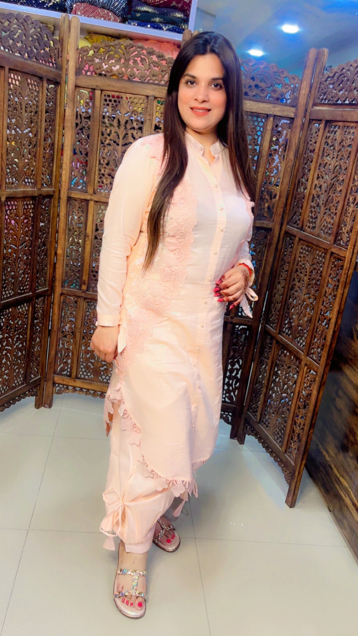 Peach Colour Cotton Fabric Hand And Pearl Work Detail Kurti Salwar Set (KS002)