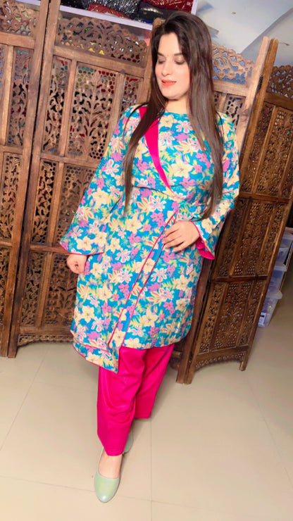 Sky Blue Hot Pink Muslin Floral Designer Kurti And Farshi Salwar For Casual Wear (FS)
