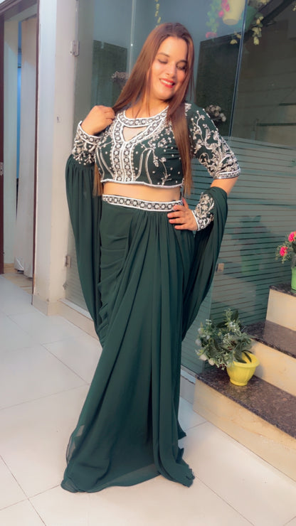 Bottle Green Wedding Wear Drape Dress (DD001)